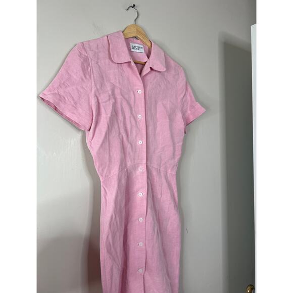 NEW Matthew Bruch Shirt Dress Linen Button Collared Midi Dress Pink Size: 2 - Picture 3 of 7